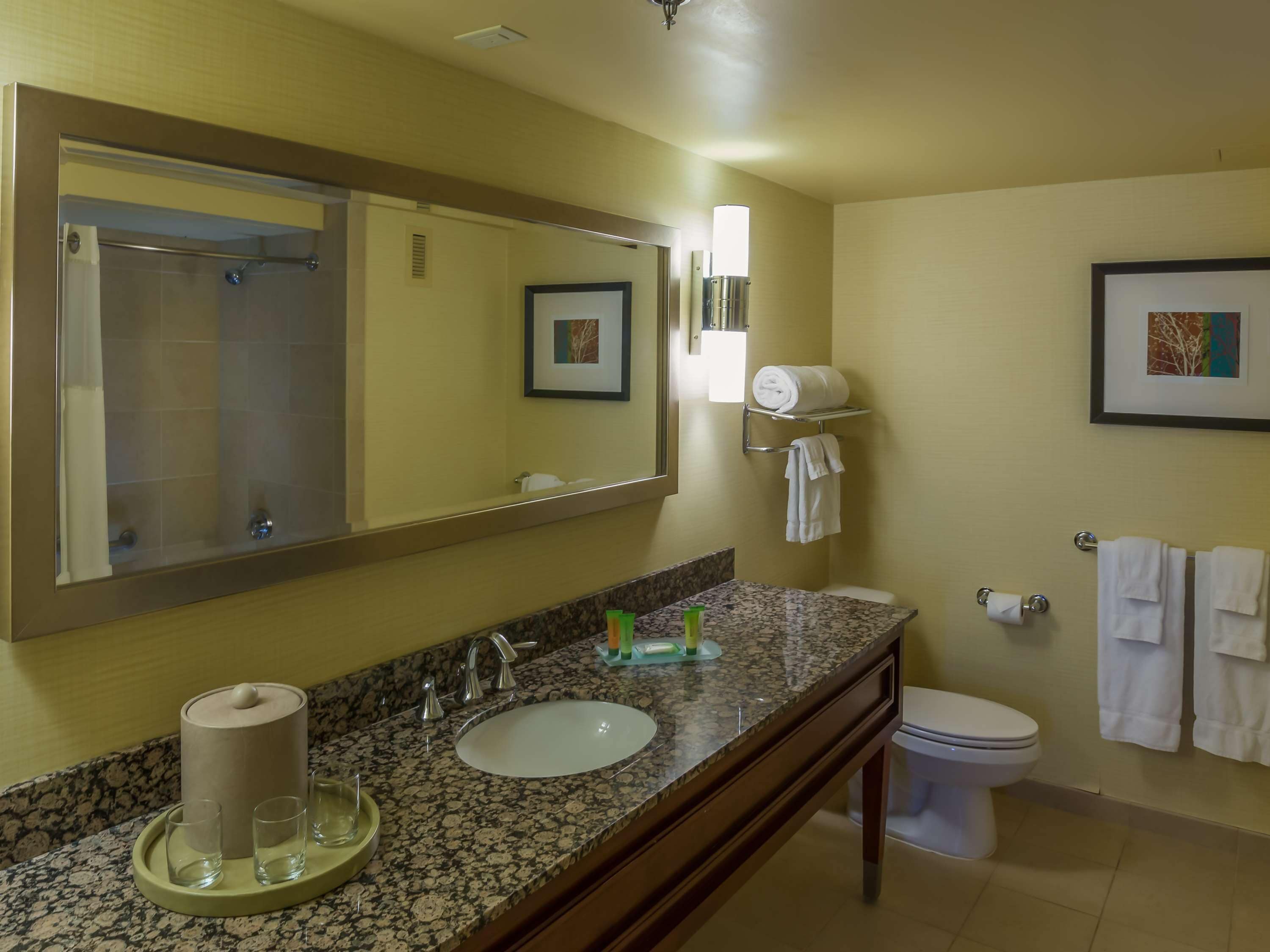 A bathroom with a granite countertop, a sink, a mirror, a toilet, and a towel rack.