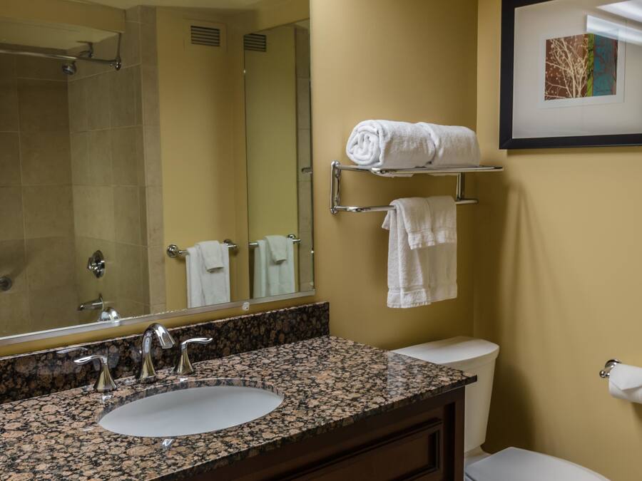 A bathroom with a granite countertop sink, a large mirror, a towel rack, and a toilet.