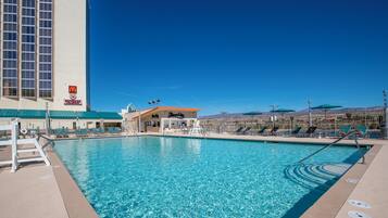 Outdoor pool, open 11:00 AM to 7:00 PM, cabanas (surcharge)