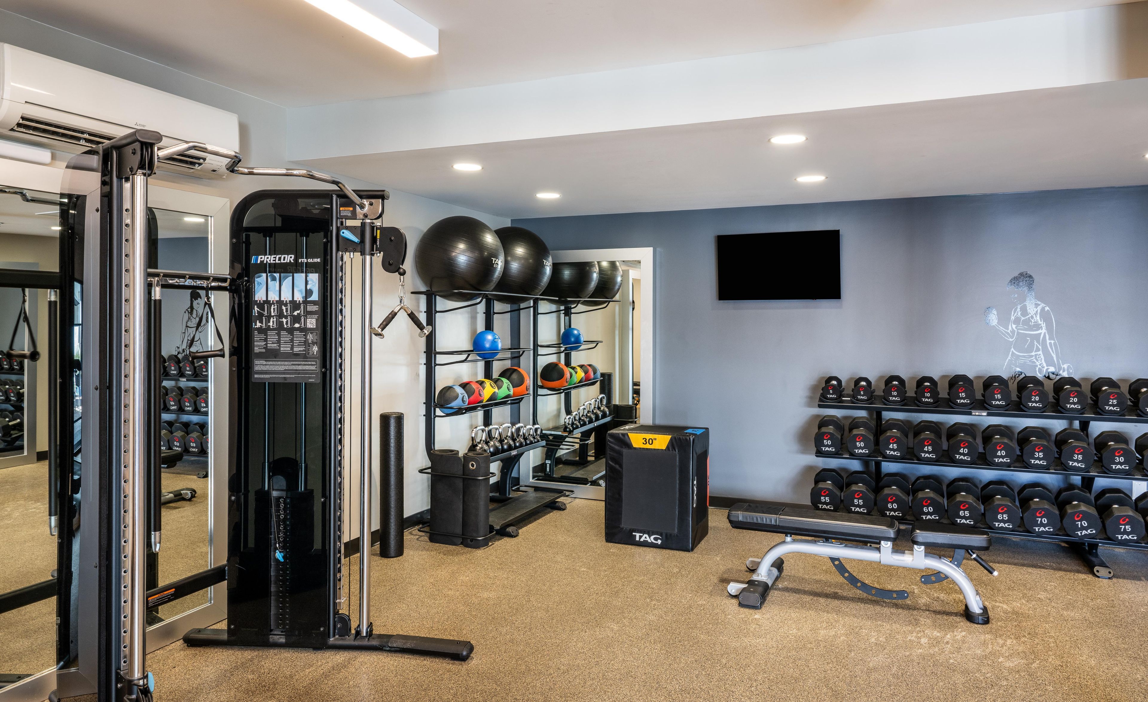 A gym with a squat rack, medicine balls, and a bench.