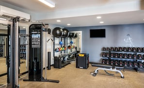 Un gimnasio con una estructura para sentadillas, balones medicinales y una banca.