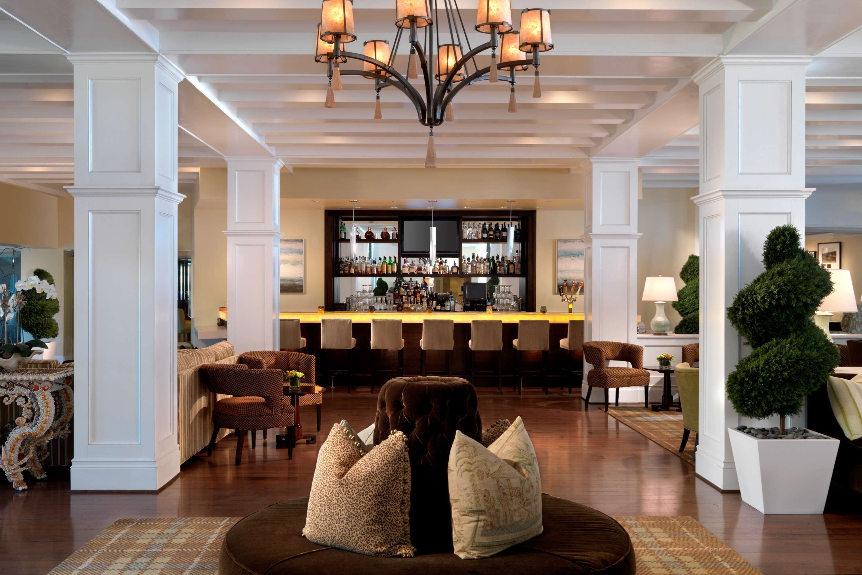 A spacious lobby with a bar area, seating arrangements, and a decorative plant.