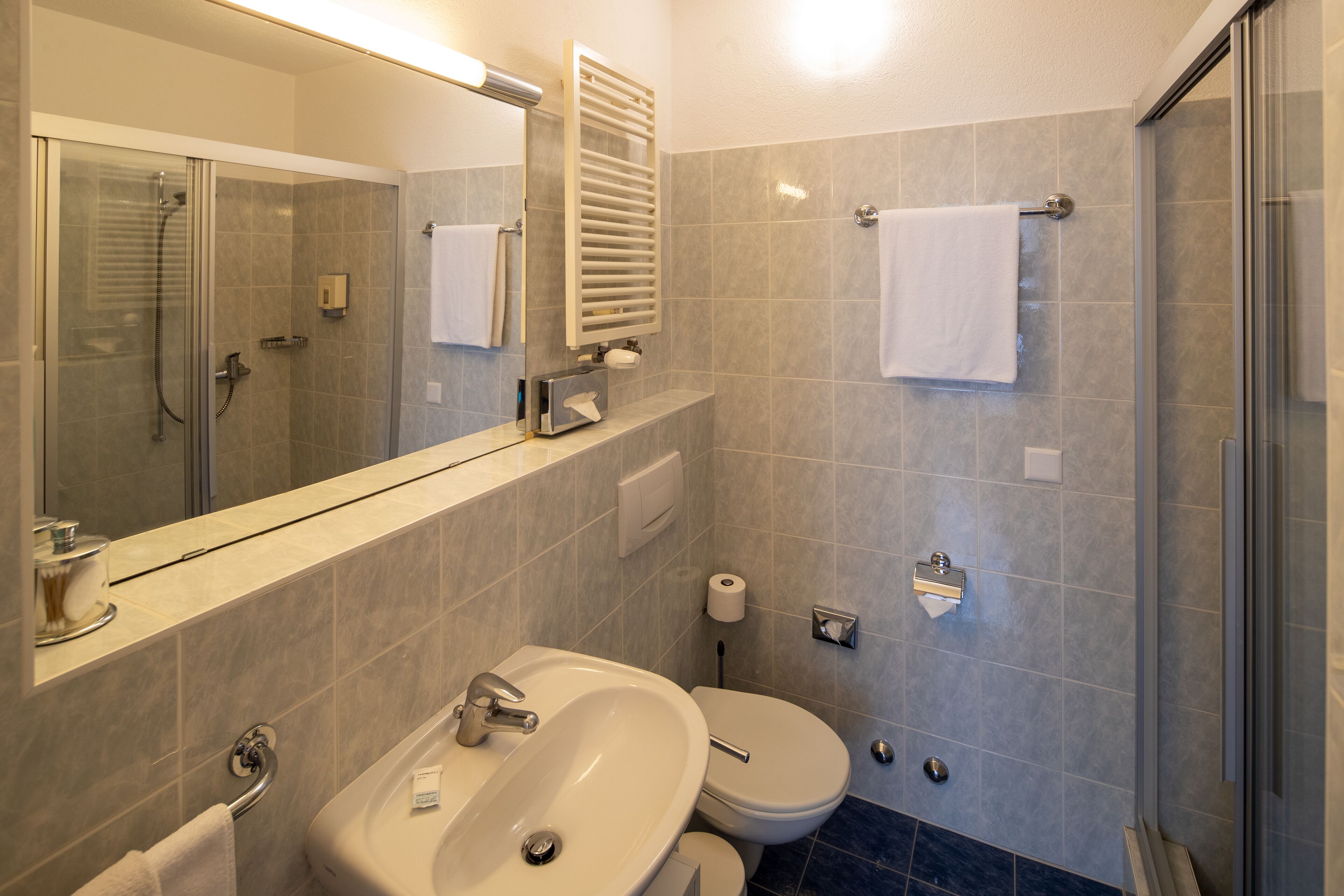 Un baño moderno con ducha envuelta en vidrio, un lavabo y un inodoro.