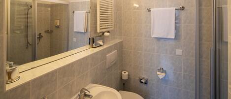 A modern bathroom with a glass-enclosed shower, a sink, and a toilet.