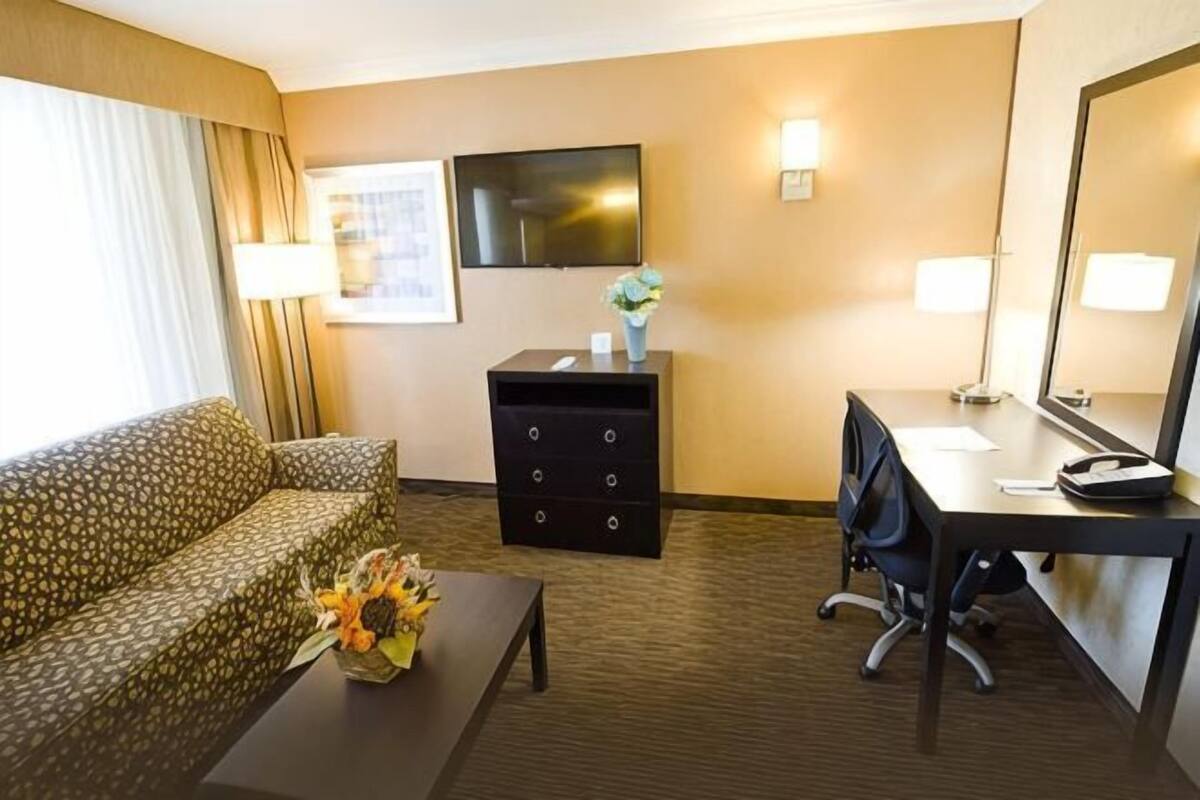 A hotel room with a sofa, a desk, a dresser, a mirror, and a TV.