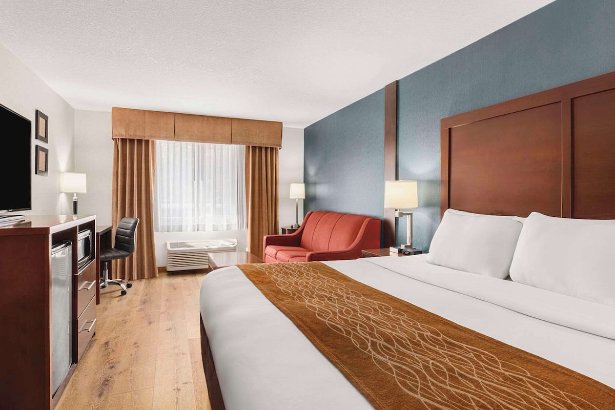A hotel room with a bed, a desk, a chair, a red sofa, and a TV.