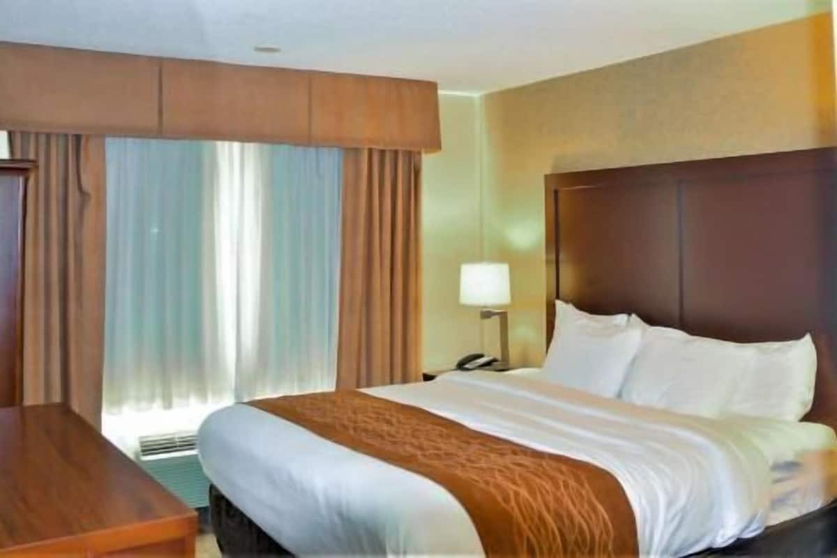 A hotel room with a bed, a desk, a lamp, and a window with curtains.