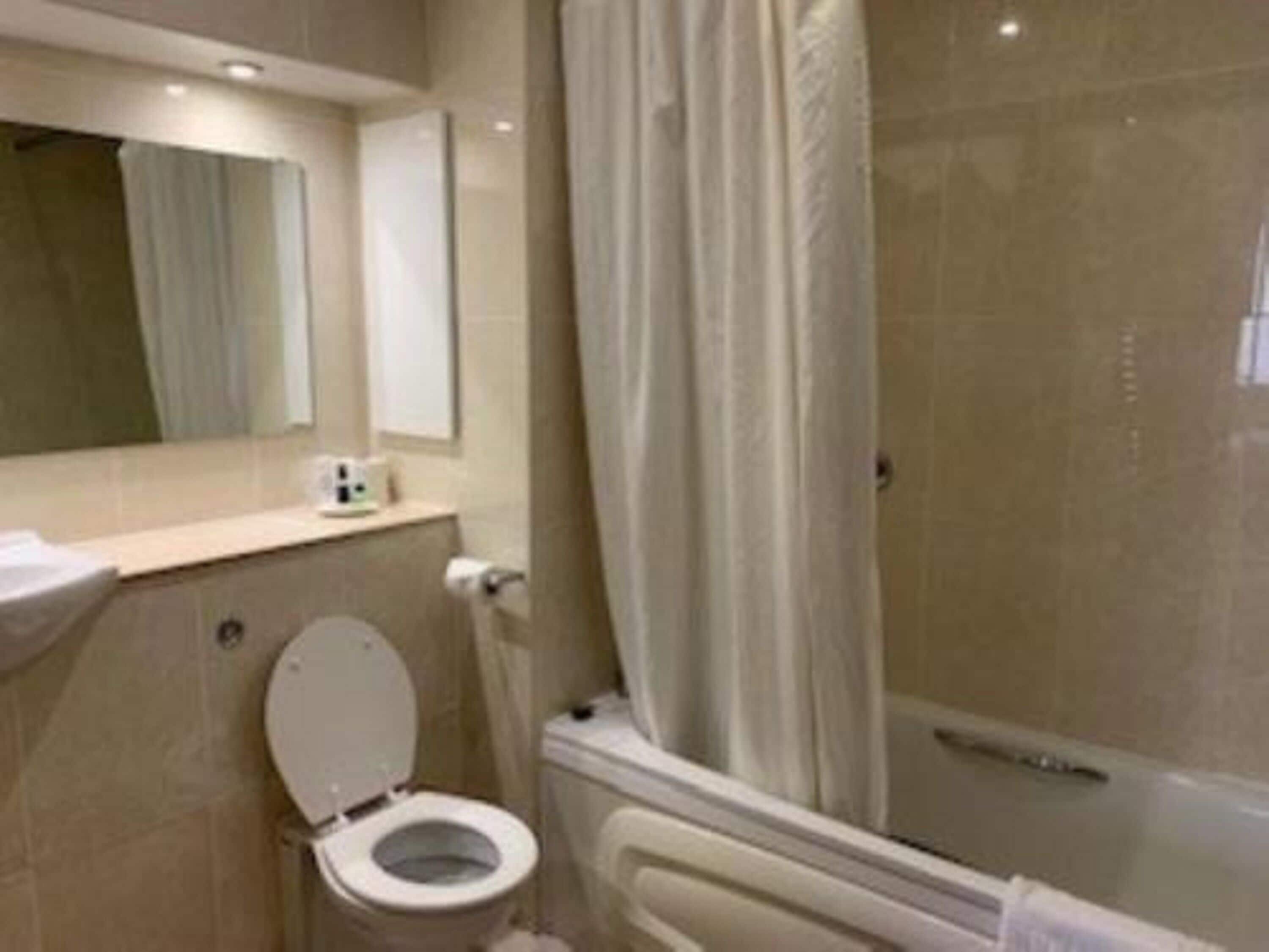 Een badkamer met toilet, wastafel, spiegel en douche.