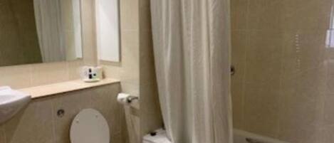 A bathroom with a toilet, a sink, a mirror, and a shower area.