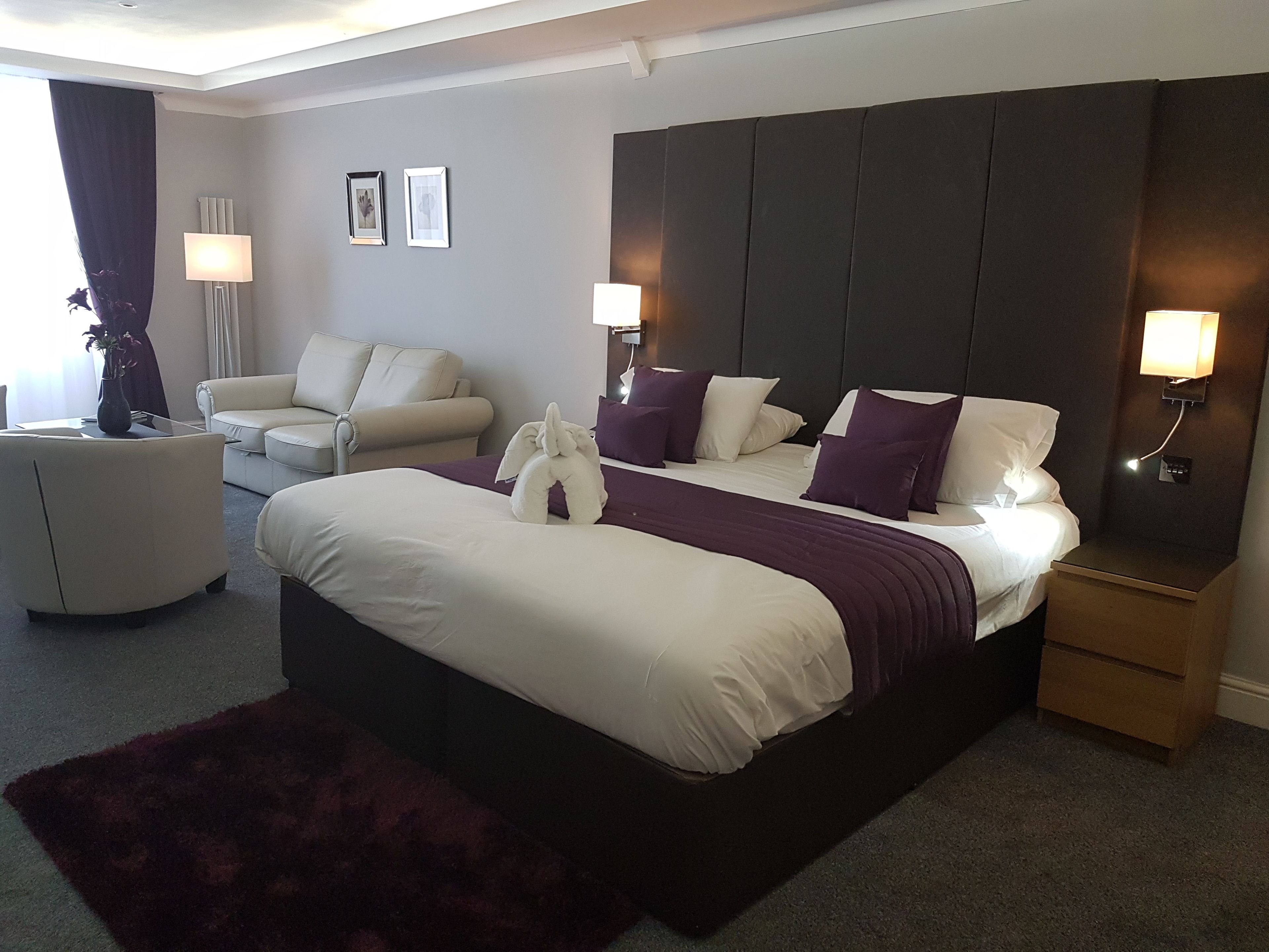 Une chambre d’hôtel moderne avec un grand lit, un canapé, une petite table et une table de chevet.