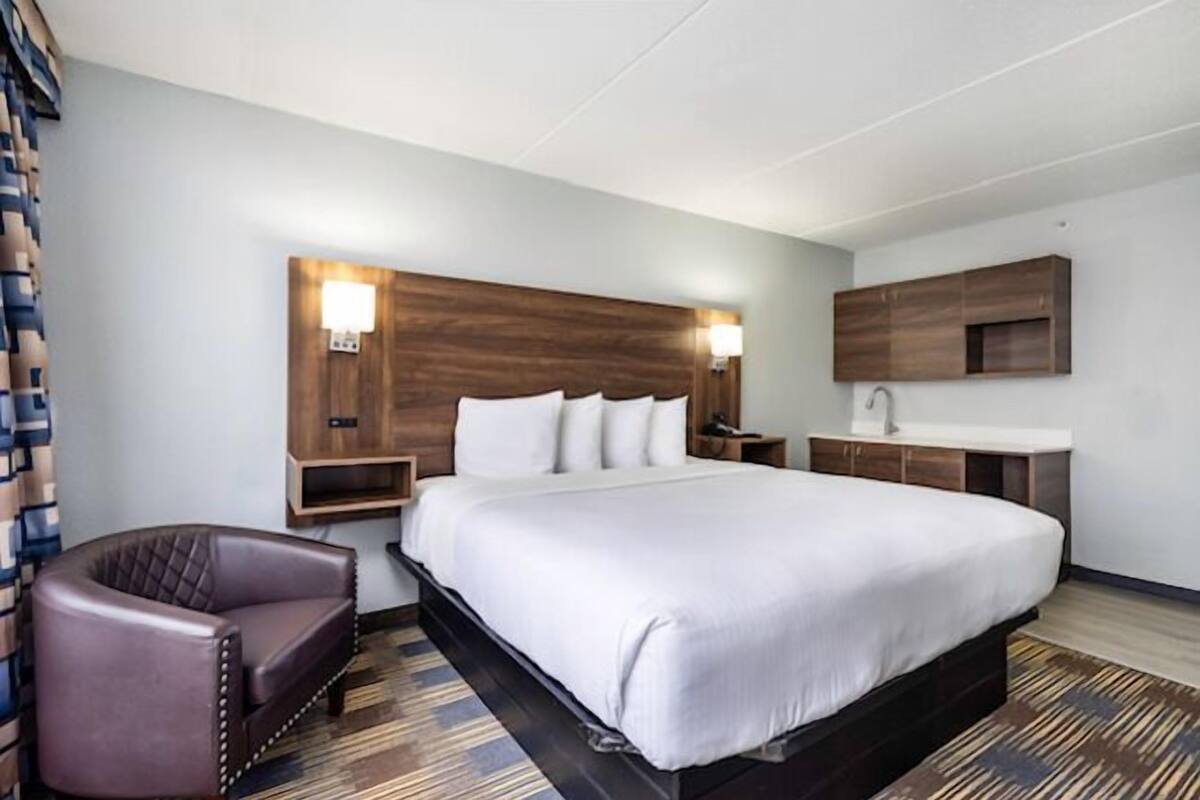 A hotel room with a large bed, a curved armchair, a wooden headboard, a bedside table, a built-in shelf, a small desk with a chair, and a built-in vanity with a mirror.