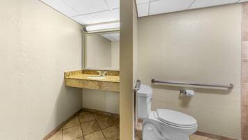 A bathroom with a toilet, sink, and handrail.