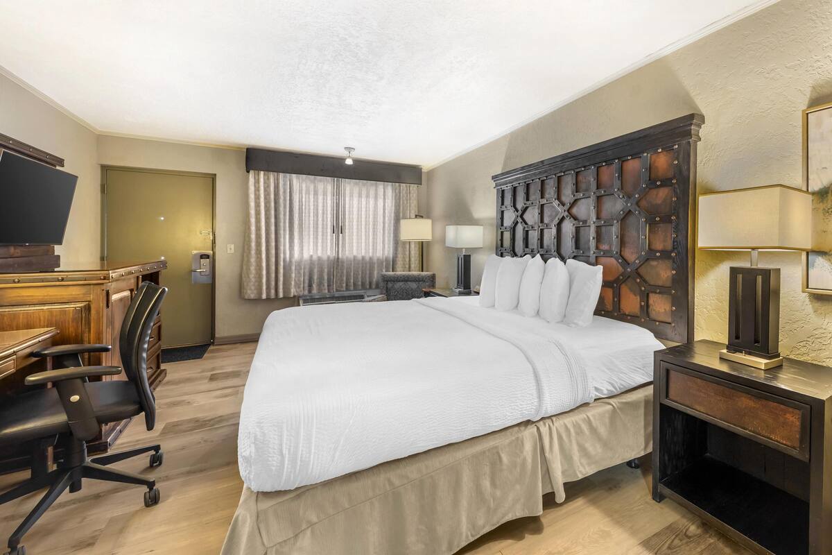 A hotel room with a large bed, a desk with a chair, a television, and a lamp.