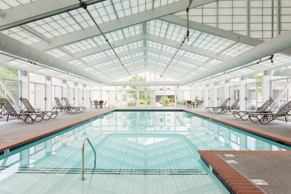 Una piscina techada, sillones reclinables de piscina