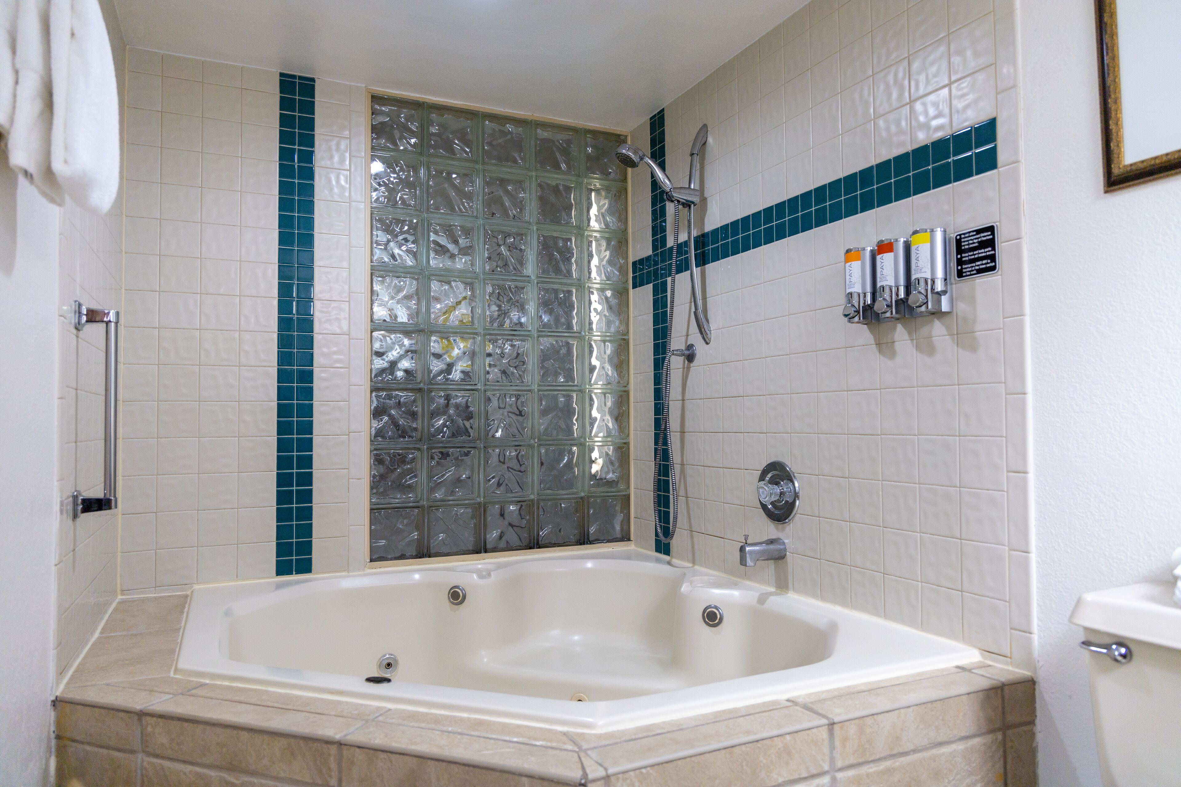 Baño con bañera, cabina de ducha de vidrio y retrete.