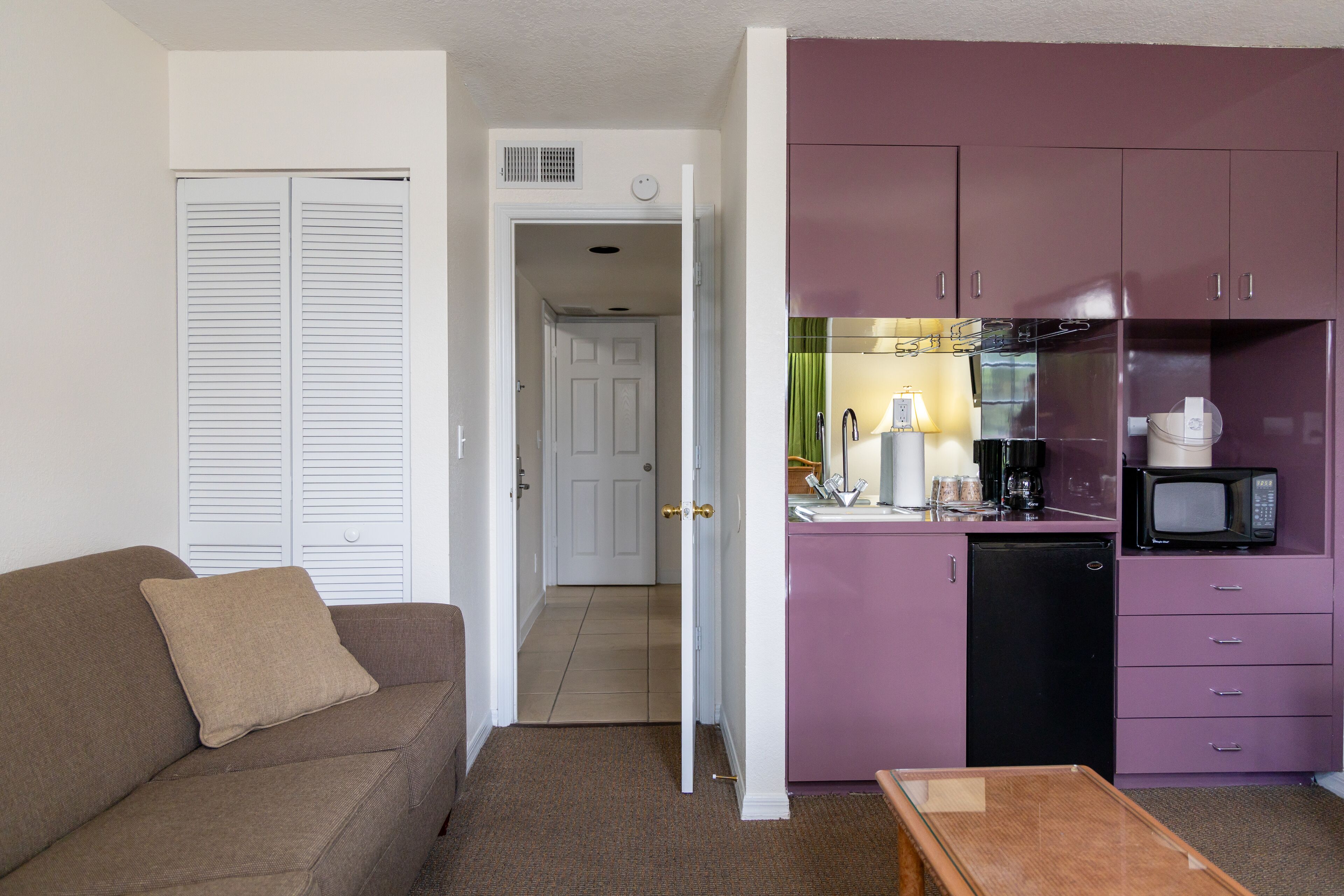 A compact living space with a kitchenette, a brown sofa, and a door leading to another room.