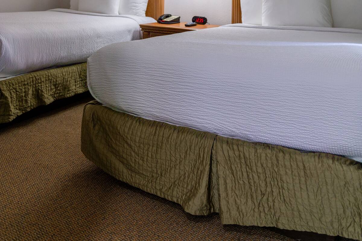 A hotel room with two beds, a nightstand with a lamp, and two framed pictures on the wall.