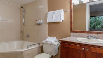 Un baño con bañera, inodoro, lavabo y espejo.