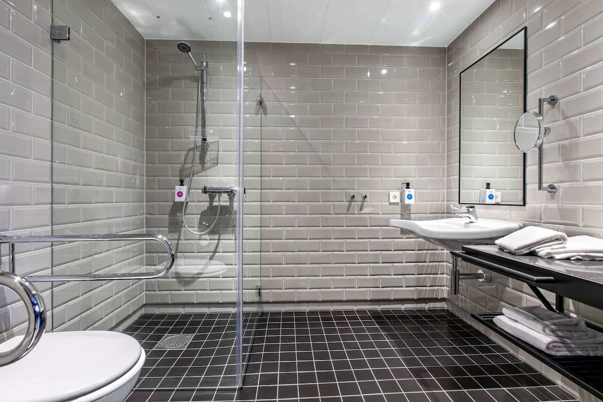 free toiletries, hair dryer, towels