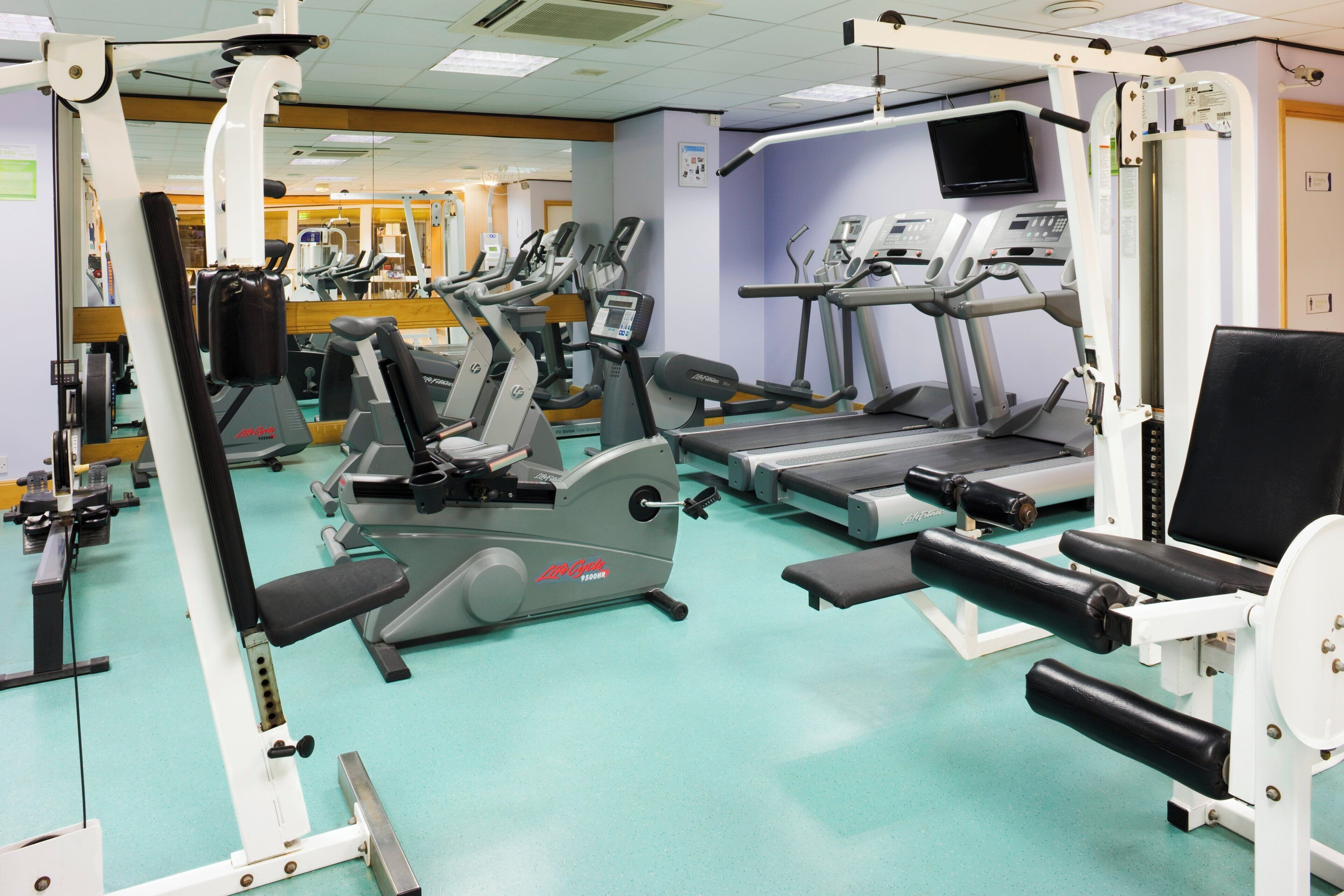A gym with various exercise machines, including treadmills and weight stations.