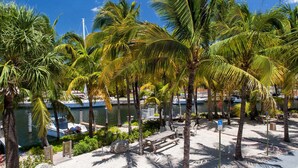 A beachside area with palm trees, a wooden bench, and a wheelchair-accessible sign. - Marina Del Mar Resort and Marina (Key Largo)
