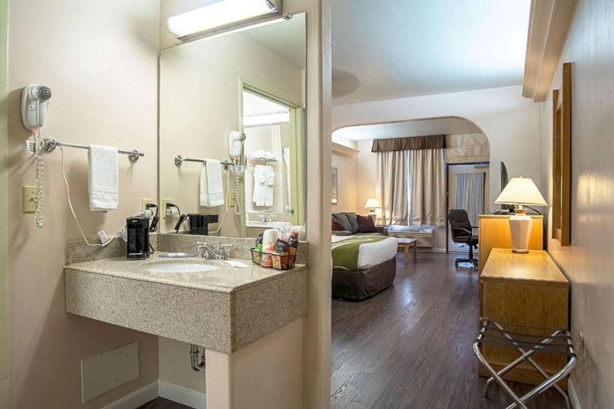 A hotel bathroom with a sink, mirror, and hairdryer.