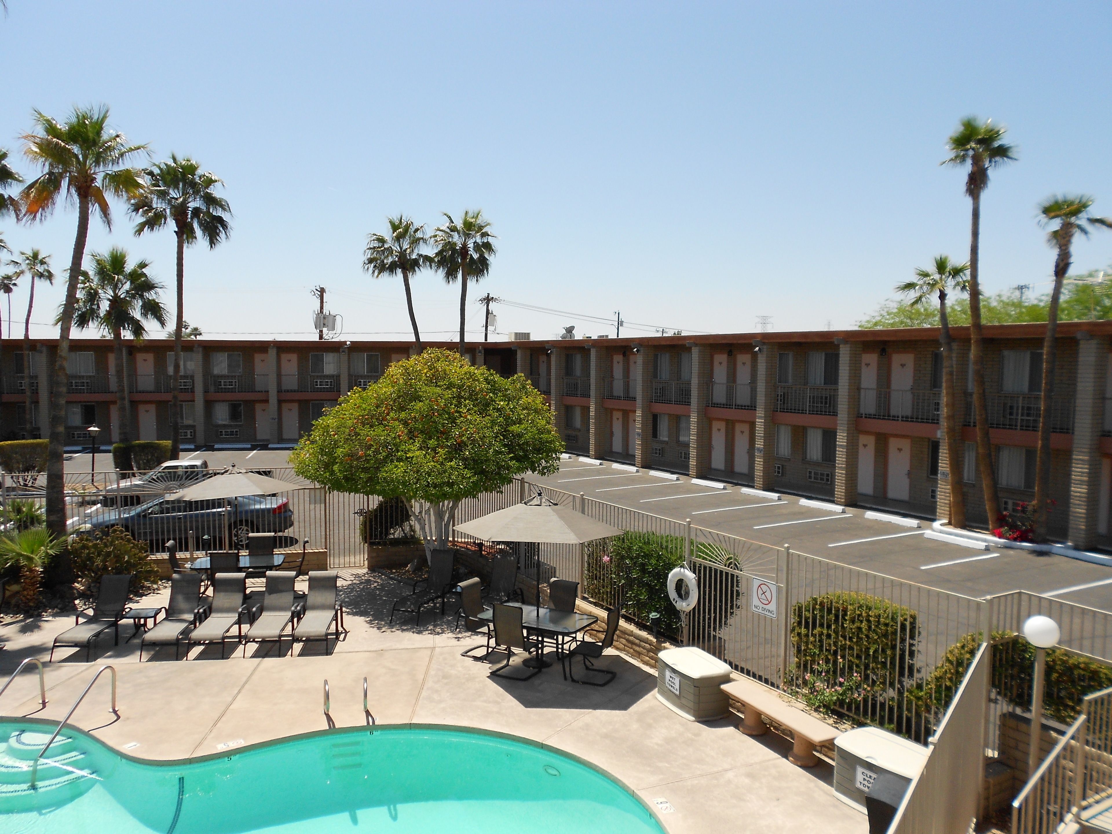 A hotel with a swimming pool, outdoor seating, and palm trees.