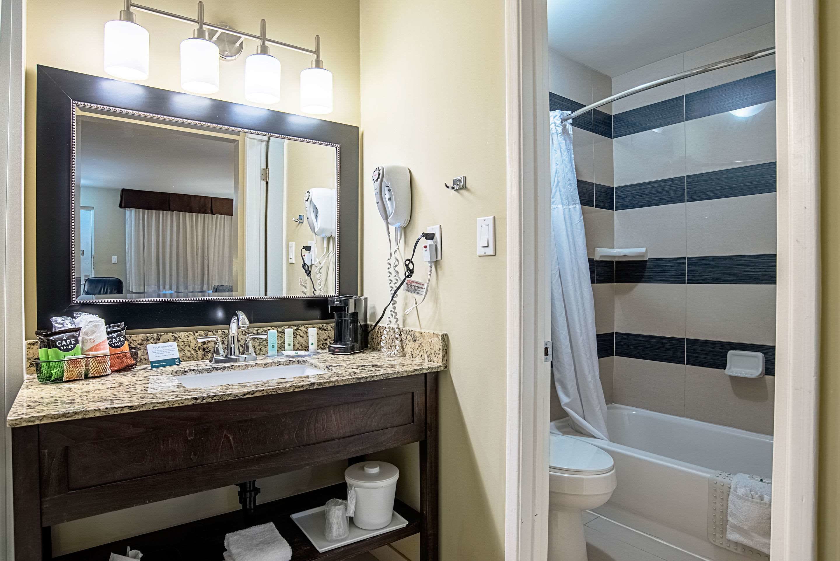 A bathroom with a large mirror, a hairdryer, a shower curtain, and a toilet.