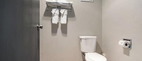 Une salle de bain comprenant des toilettes, un porte-serviettes avec des serviettes, un support à papier toilette et un tableau accroché au mur.