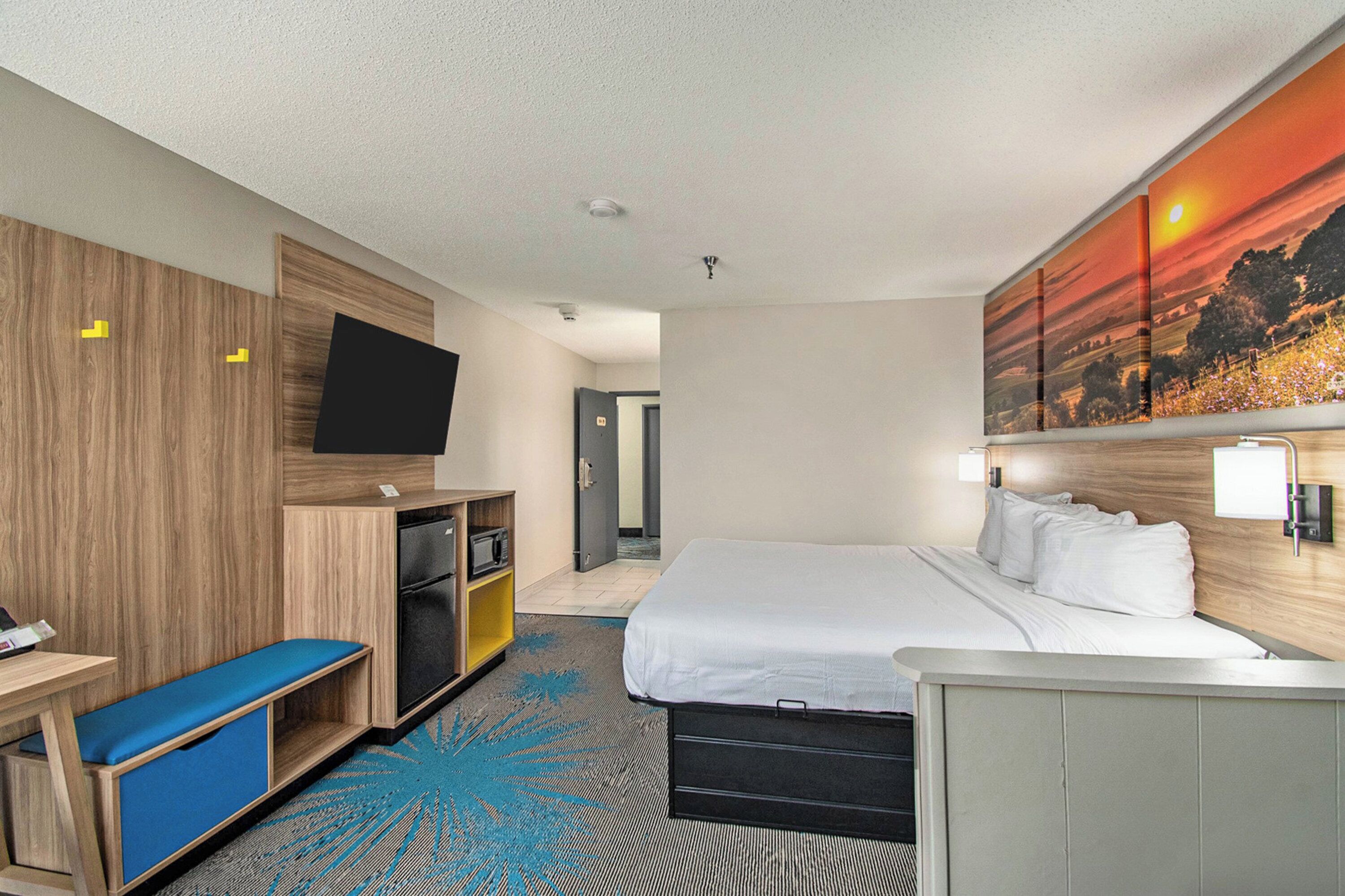 Una habitación de hotel con una cama, un escritorio, un televisor y un cuadro en la pared.