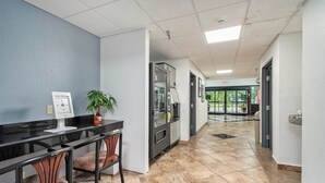 A hallway with a reception desk, a plant, and a trash bin.