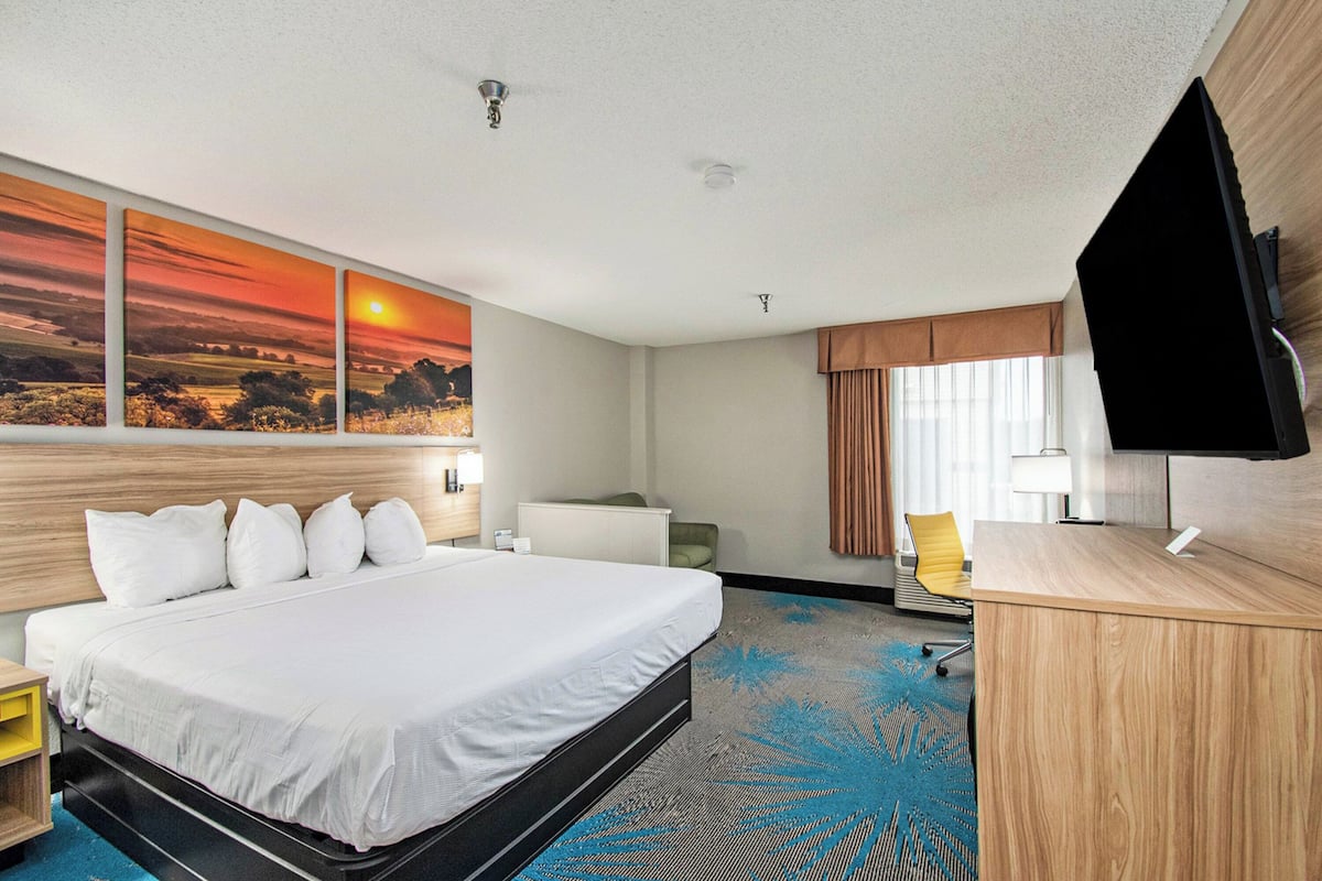 A hotel room with a large bed, a desk, a television, and a painting of a sunset.