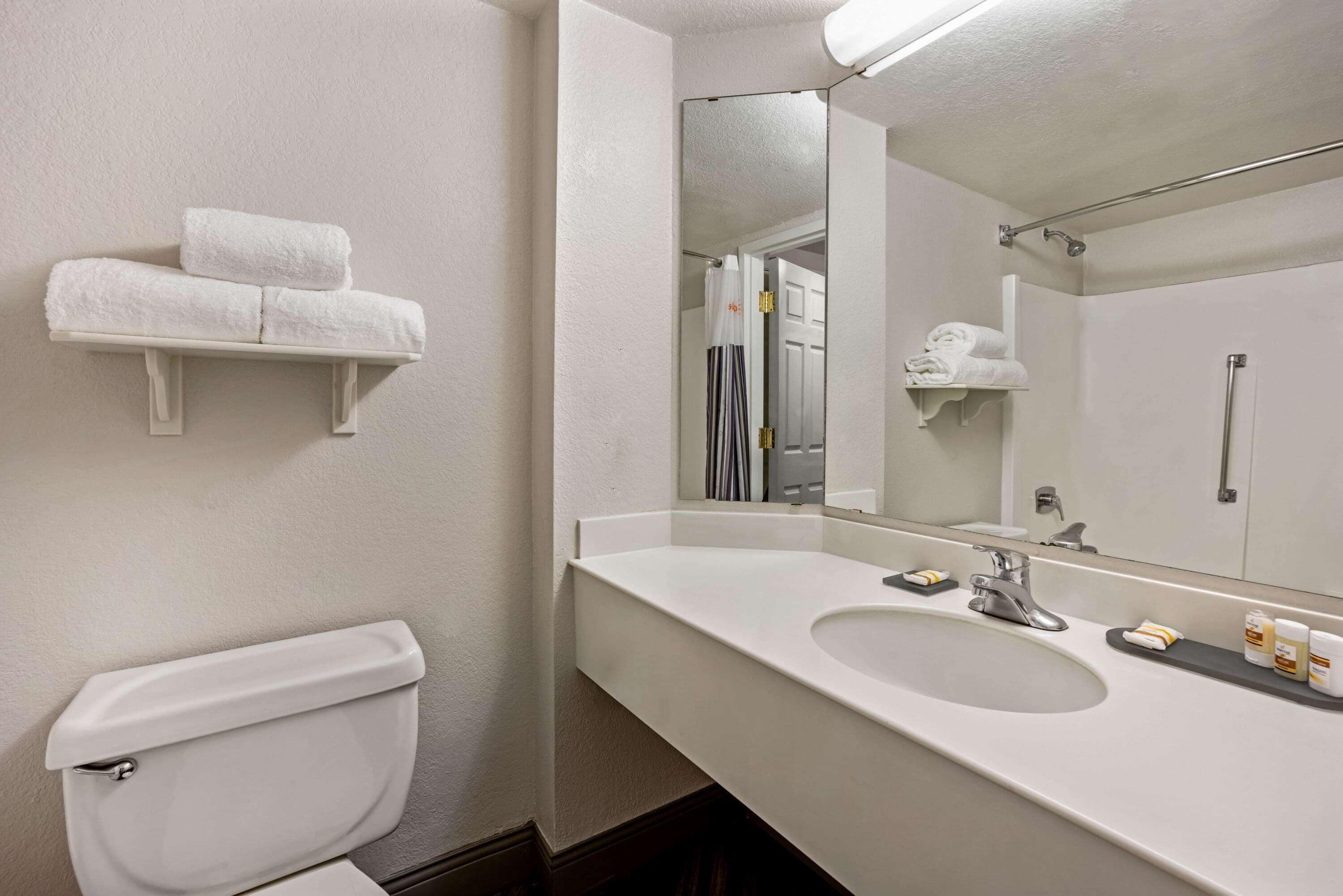 combined shower/bathtub, free toiletries, hair dryer, towels