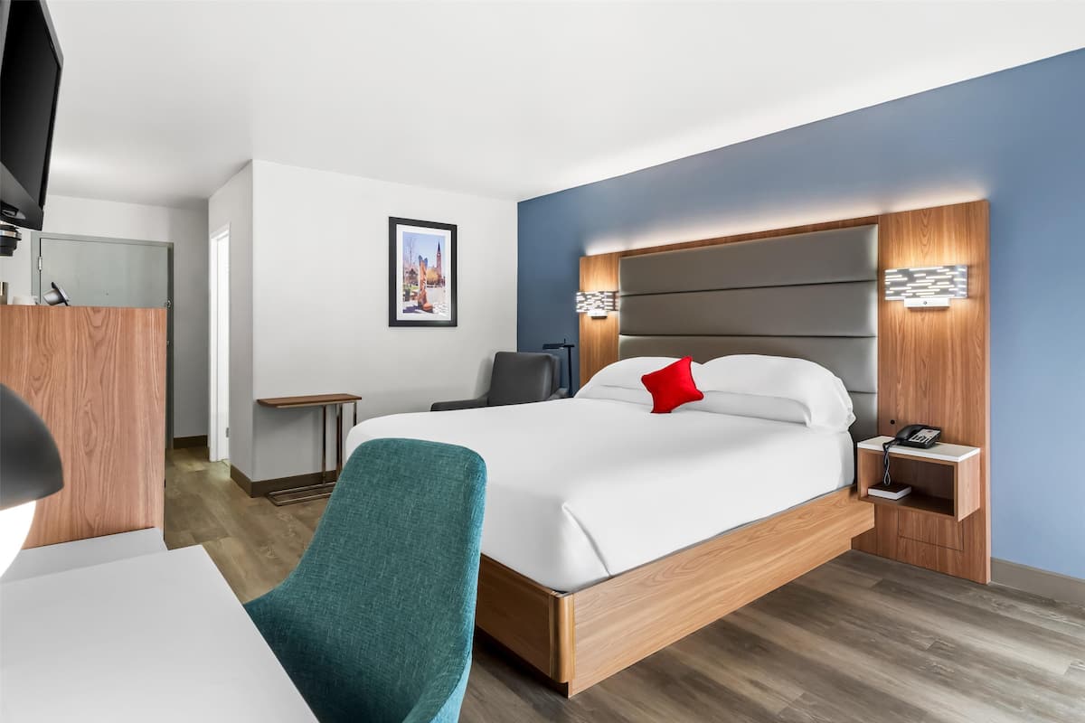 A modern hotel room with a large bed, a desk, a chair, a bedside table with a phone, and a wall-mounted TV.