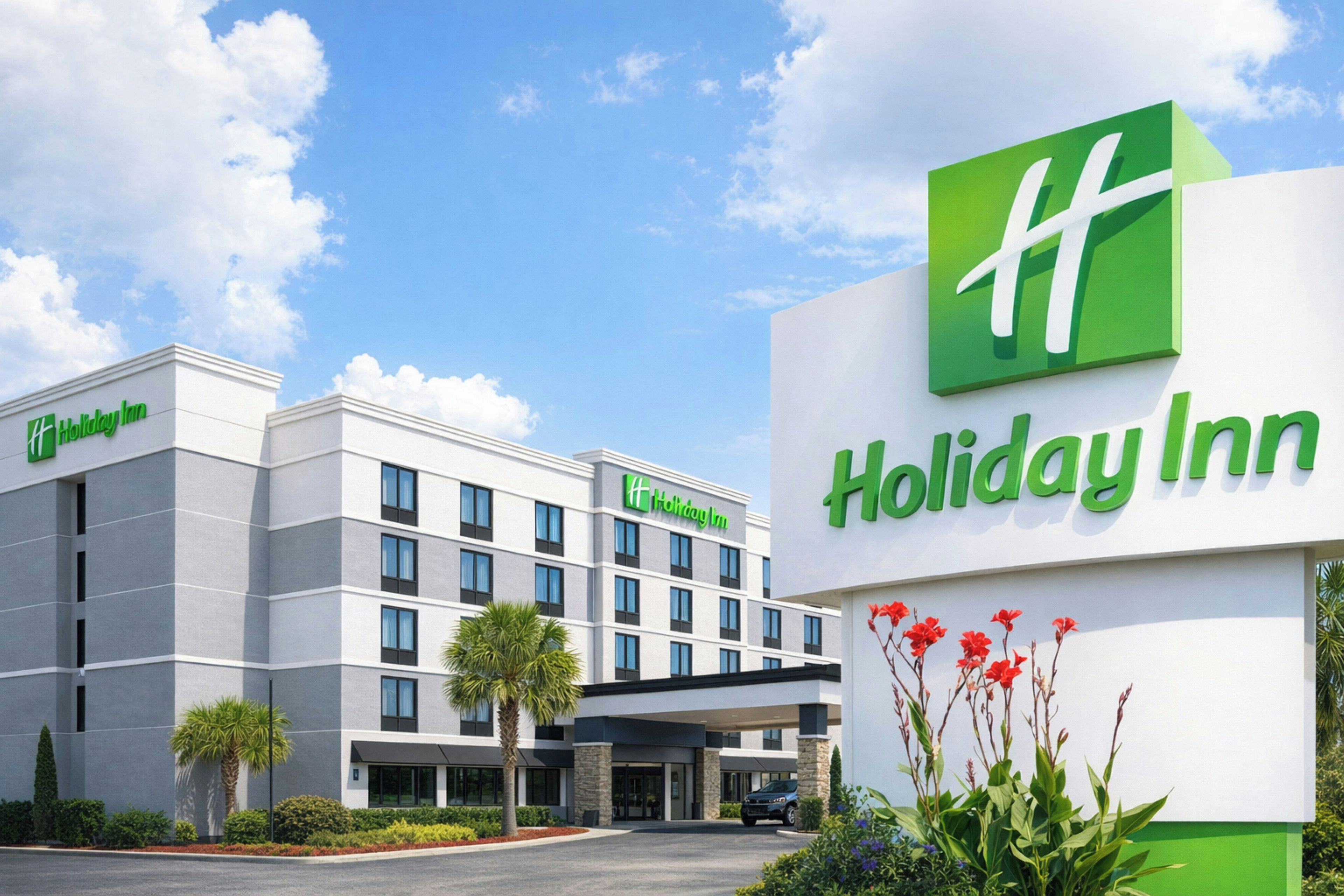 Un hotel Holiday Inn con una fachada moderna, varios pisos y un cielo despejado.