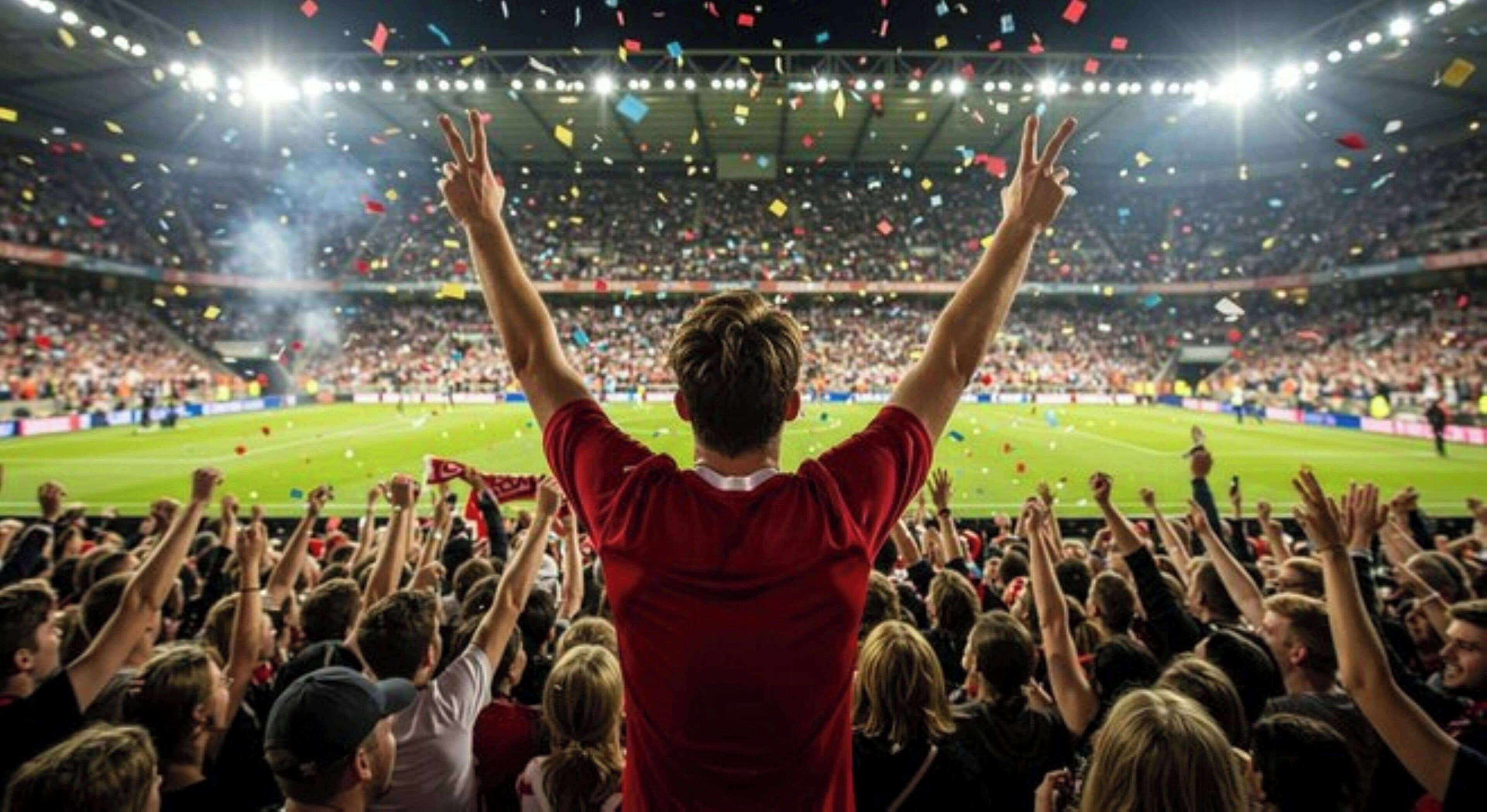 A stadium filled with spectators, some raising their hands in celebration.