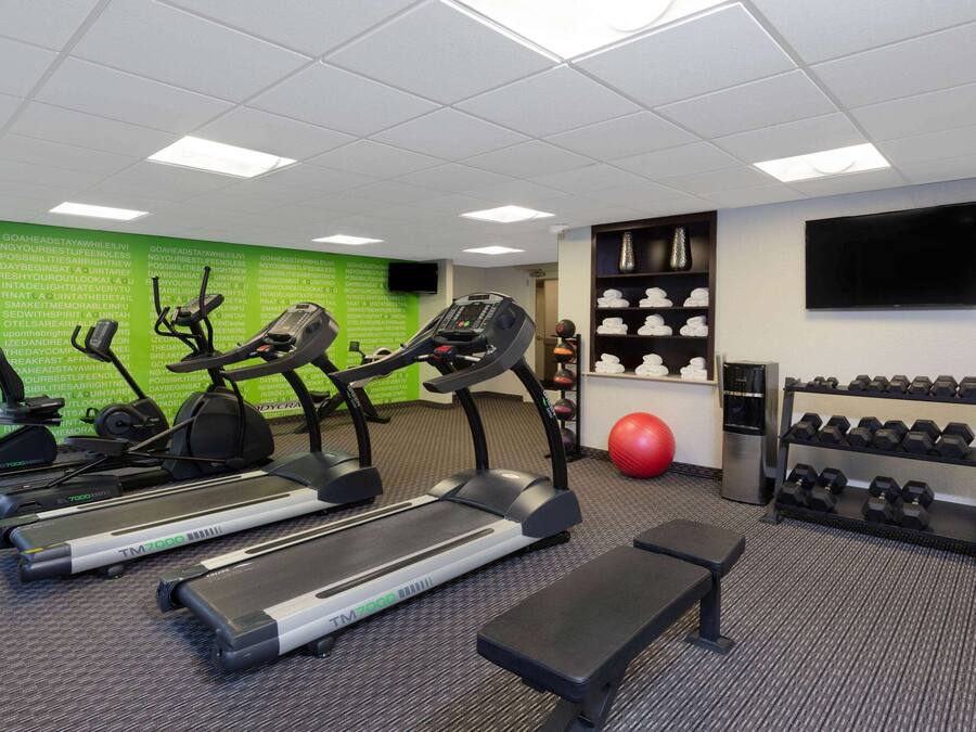 Ett gym med löpband, en bänk, hantlar, en röd träningsboll och en tv på väggen.