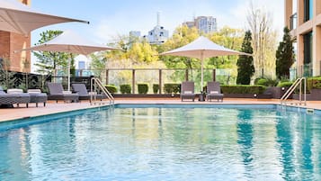 Outdoor pool, pool umbrellas, pool loungers