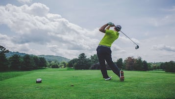 A person playing golf on a well-maintained green with trees and hills in the background.