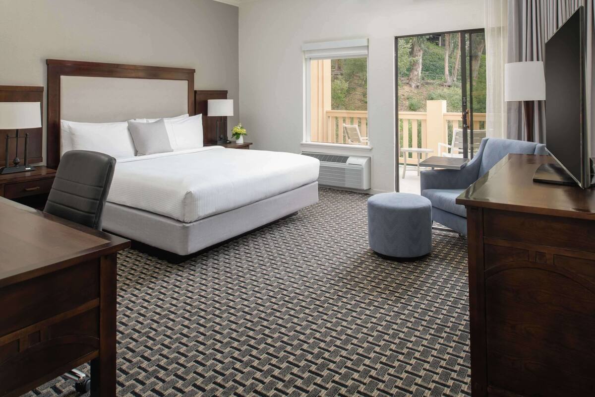 A hotel room with a large bed, a desk with a chair, a small ottoman, a TV, and a balcony with a view of greenery.
