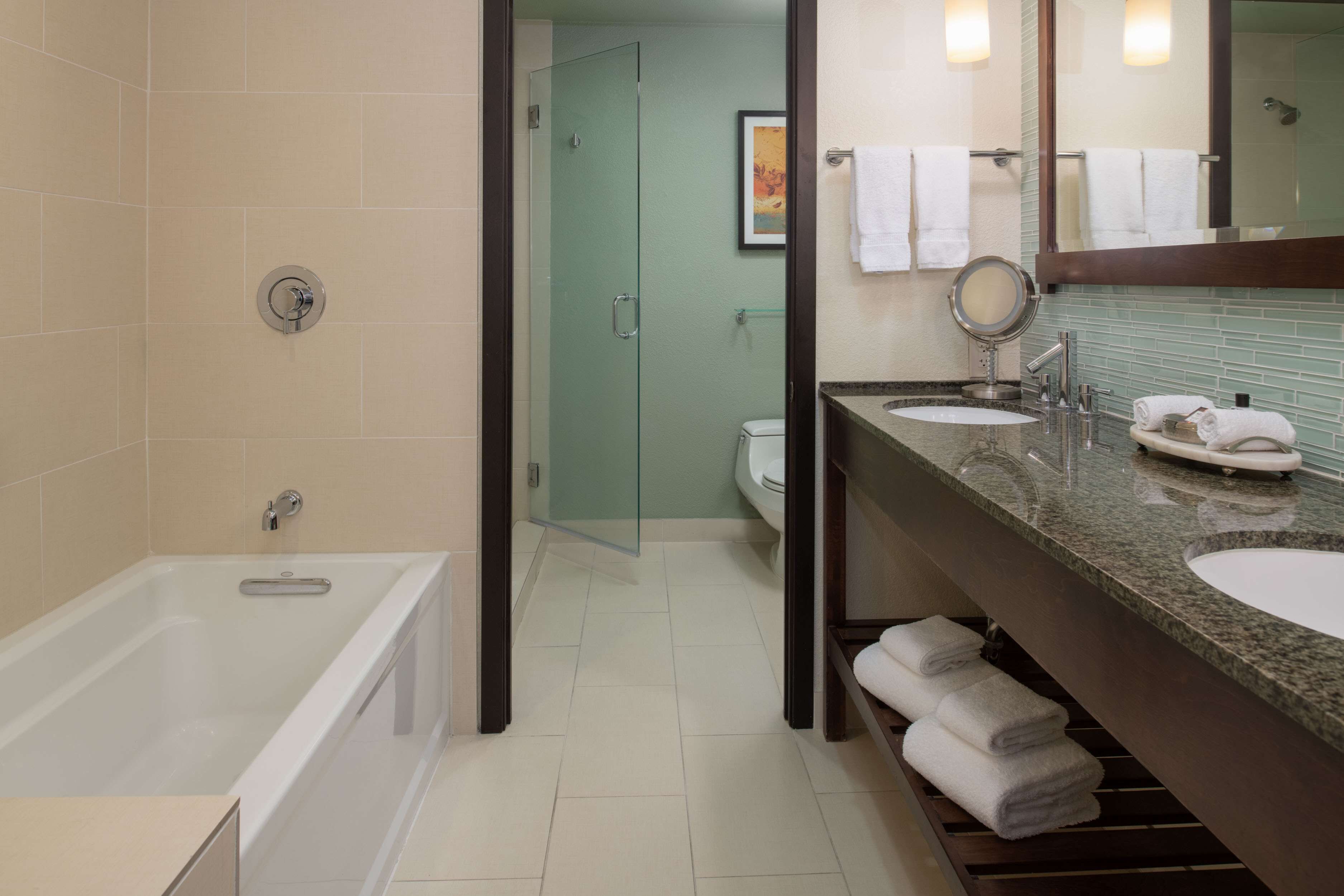 A modern bathroom with a bathtub, two sinks, and a glass shower enclosure.