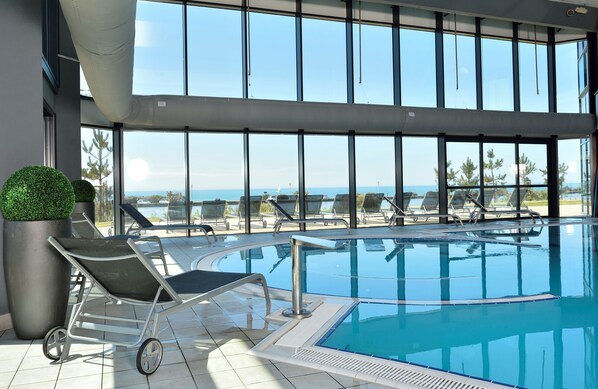 Indoor pool, outdoor pool, pool loungers