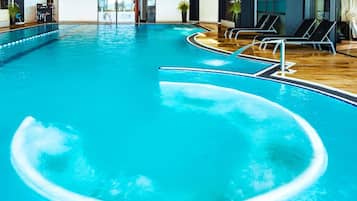 Indoor pool, outdoor pool, pool loungers