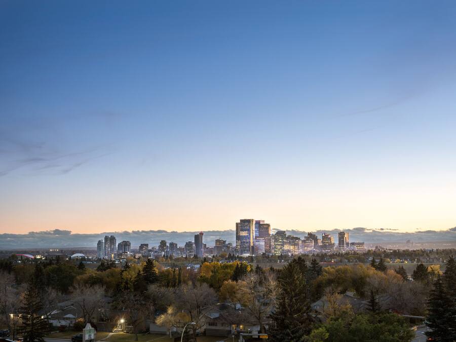 A city skyline with modern buildings, surrounded by trees and residential areas.