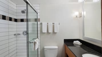 Un bagno moderno con cabina doccia in vetro, un WC bianco e un lavabo su piano nero.
