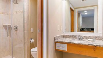 A bathroom with a glass-enclosed shower, a toilet, and a vanity with a mirror.