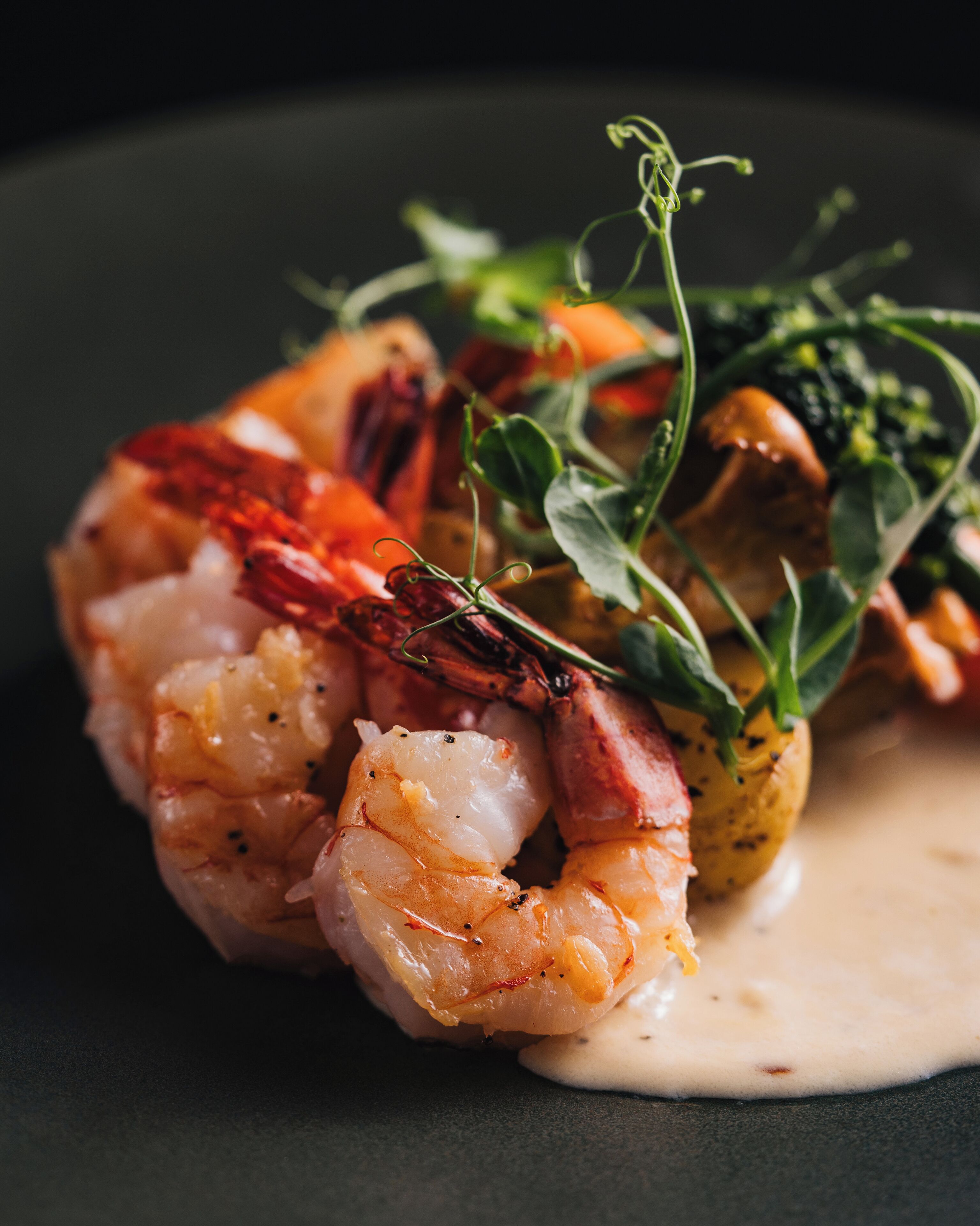 A close-up of a dish with shrimp, greens, and a creamy sauce on a dark plate.