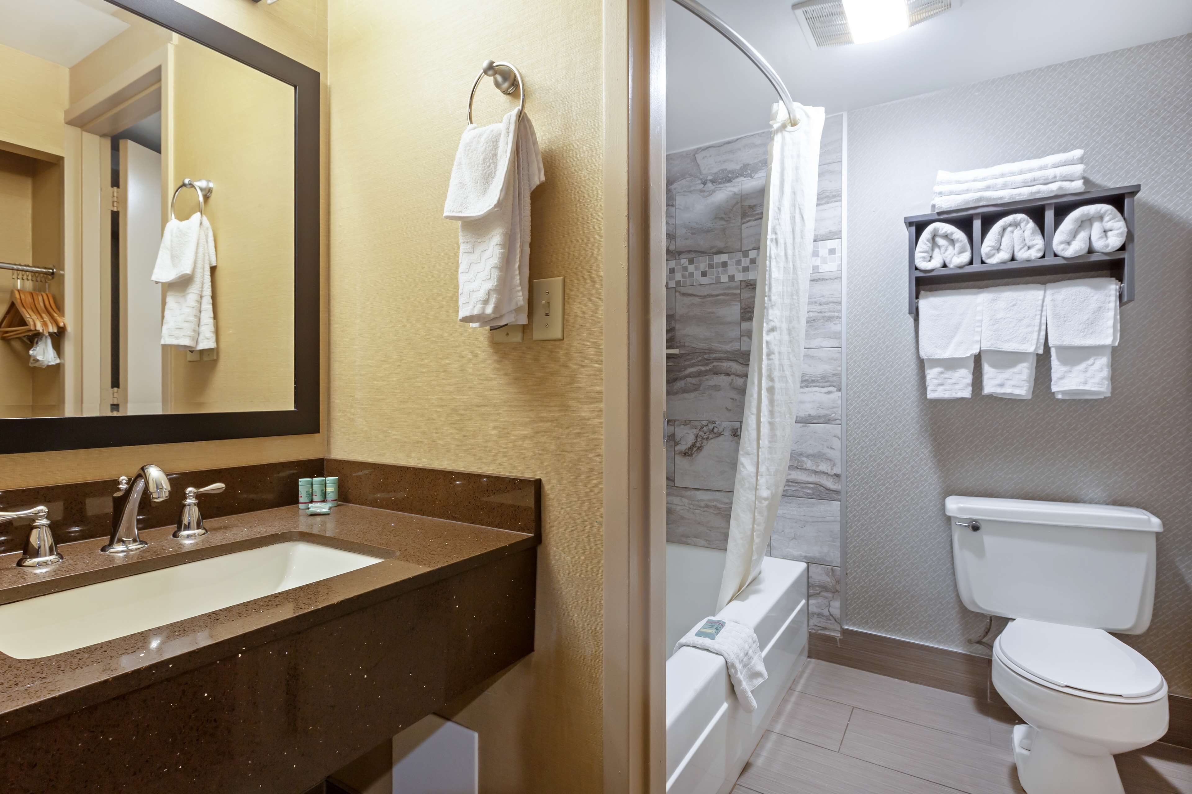 combined shower/bathtub, eco-friendly toiletries, hair dryer, towels