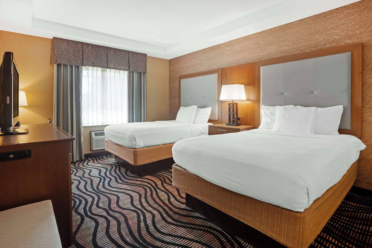 A hotel room with two beds, a desk, a TV, and a patterned carpet.