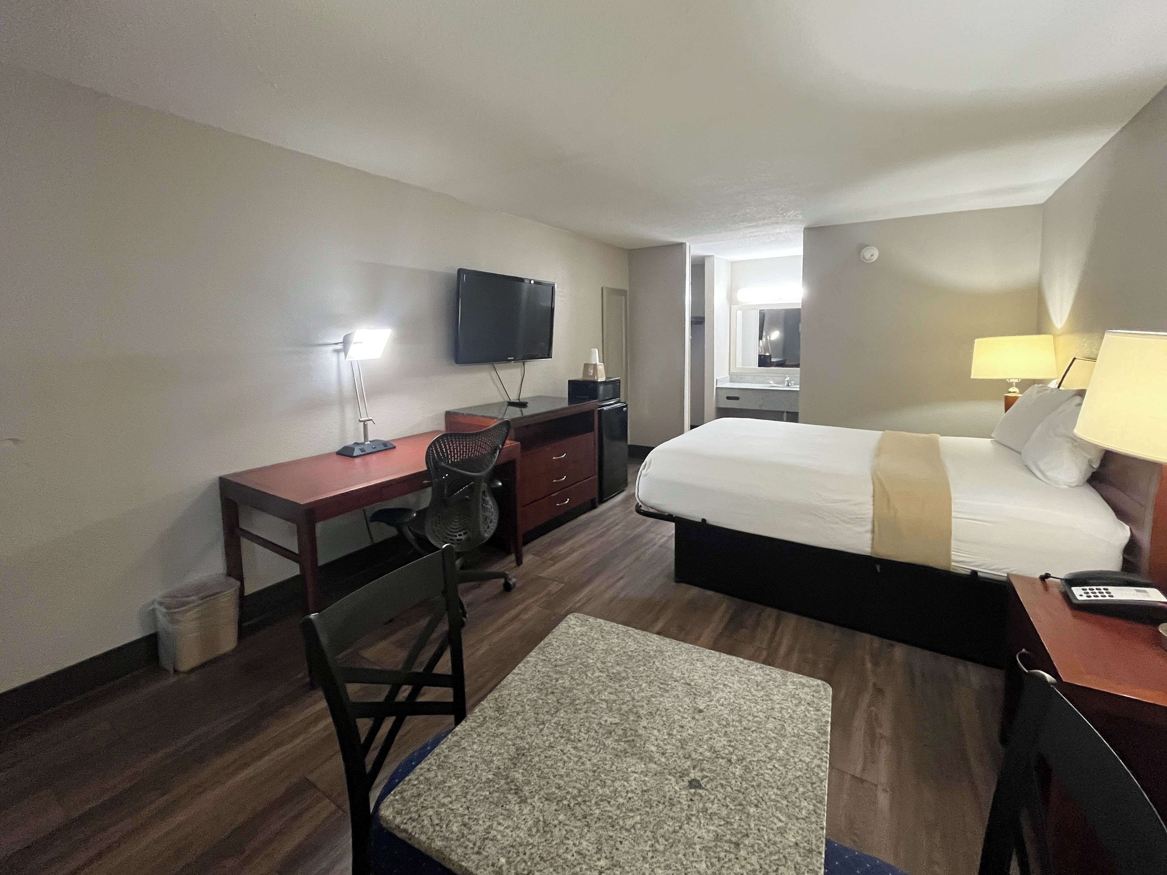 A hotel room with a bed, desk, chair, TV, and a small trash bin.